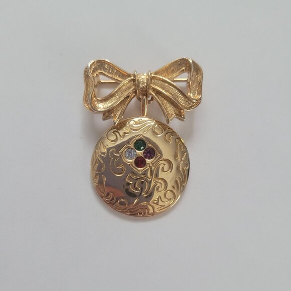Avon Gold-Tone Bow Brooch Pendant With Engraved Round Pendant & Gem Accents - Picture 1 of 4